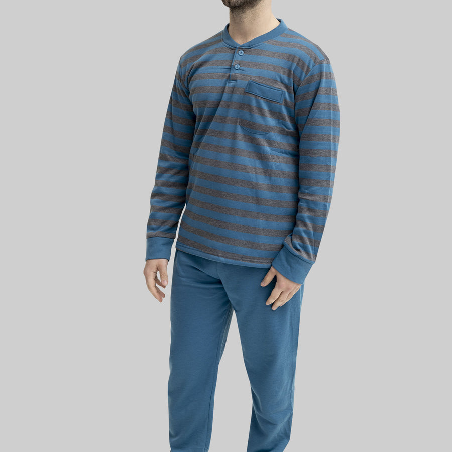 Pijama Hombre Rayas Afelpado Azul Petroleo
