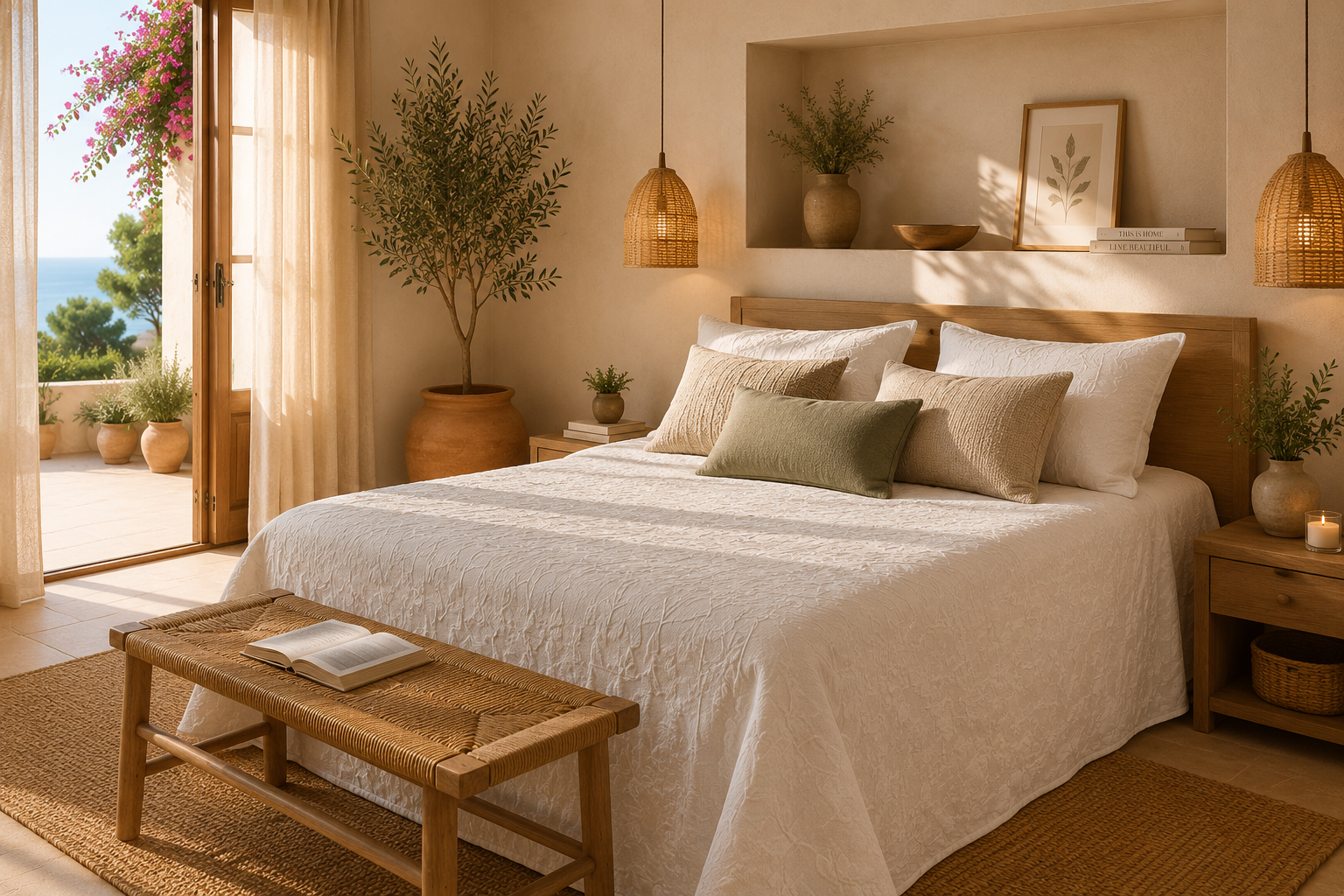 Dormitorio mediterráneo con colcha blanca, lámparas de ratán y vistas al jardín - Llar Textil