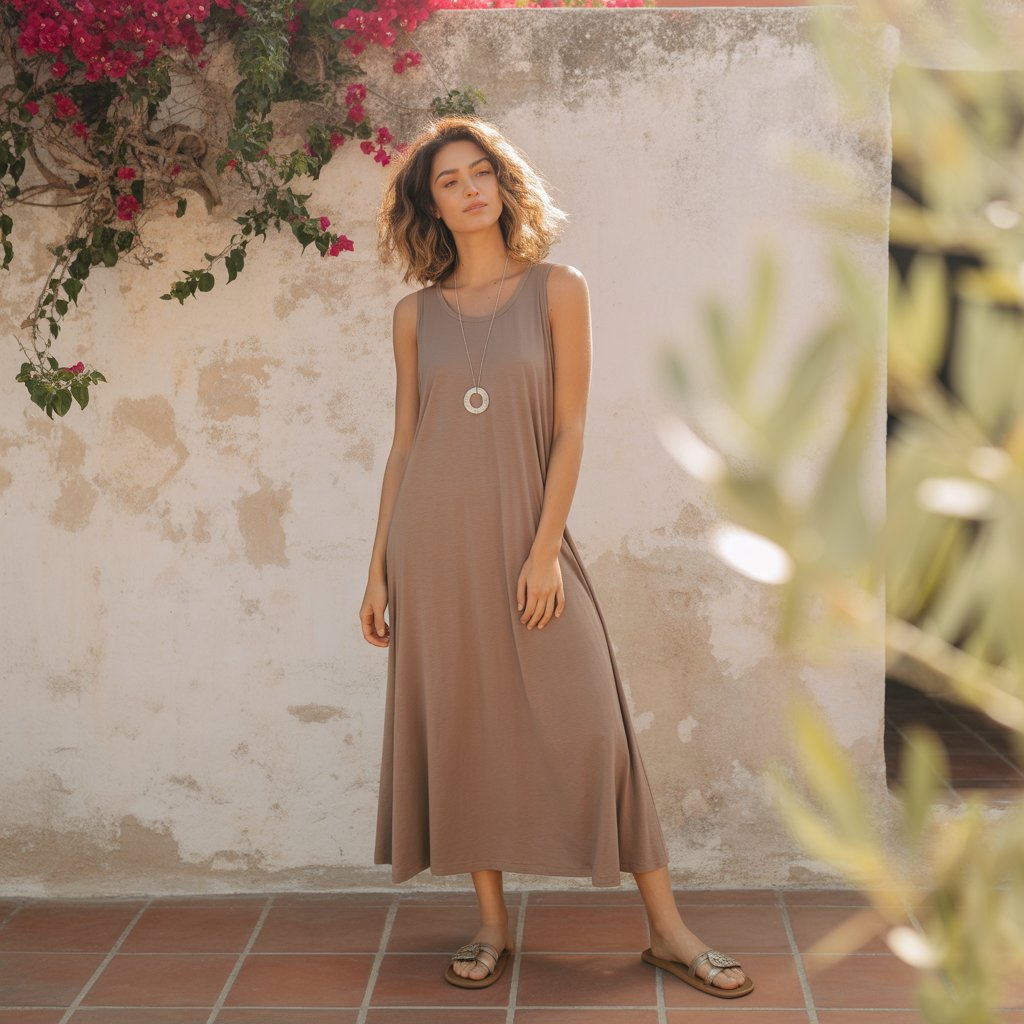 Vestido Midi Tirantes Marrón Mujer + Collar